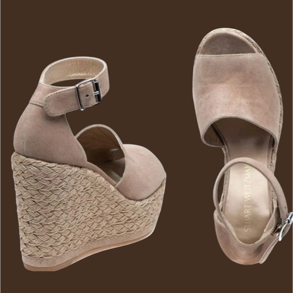 Stuart Weitzman Blush Suede Espadrille Wedge Sandals